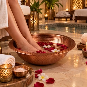 Könnte beinhalten: Eine große, runde Schale aus gehämmertem Kupfer, gefüllt mit Wasser, verstreuten roten Rosenblättern und weißen Plumeria-Blüten. Die Schale hat eine texturierte, genoppte Oberfläche und einen breiten, flachen Rand für Fußbäder.