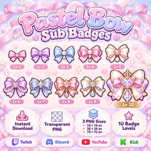 May include: A set of ten digital pastel bow sub badges for streaming platforms, featuring levels 1 through 10 with pink, purple, and blue color schemes, heart accents, and pearls. Includes text labels for instant download, transparent PNG, and sizes 18x18, 36x36, and 72x72 pixels.