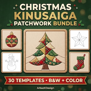 May include: A Christmas Kinusaiga patchwork bundle featuring 30 templates in black and white and color. The graphic displays a central patchwork Christmas tree, a red and green ornament, a star outline, and a plaid stocking design.