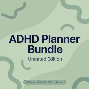 Pode incluir: Um pacote de planejador ADHD, edição sem data, com texto azul escuro em um fundo verde sálvia claro com linhas onduladas abstratas. O rótulo inferior especifica 220 páginas, PDF imprimível e formato US Letter para esta ferramenta.