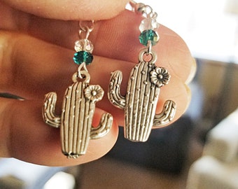 Cute blooming saguaro cactus with swarovsky crystal drop earrings