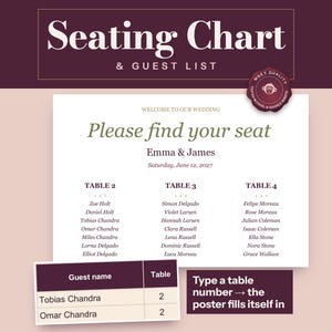 Puede incluir: Una plantilla de plano de asientos de boda con un encabezado morado oscuro que dice Seating Chart & Guest List. La pantalla blanca muestra Please find your seat, Emma & James, 12 de junio de 2027, y lista invitados para las mesas 2, 3 y 4.
