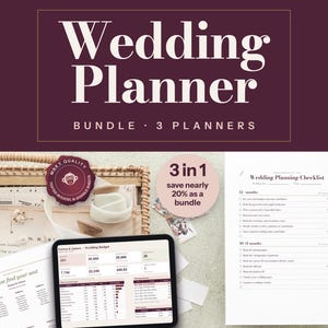 Puede incluir: Un paquete de planificadores de boda digitales que incluye tres planificadores, con un rastreador de presupuesto en una tableta y una lista de verificación impresa. El texto dice Wedding Planner, BUNDLE 3 PLANNERS, 3 in 1 save nearly 20% as a bundle y Wedding Planning Checklist.