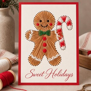 Patroon voor een kerstkaart met peperkoekmotief, zelfgemaakte papieren kerstkaart met borduurwerk, printbaar borduurpatroon, knutselwerkje voor de feestdagen (PDF).