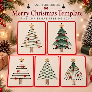 Peut inclure: Un modèle de broderie à la main présentant cinq motifs d'arbres de Noël sur des cartes blanches à bordures rouges. Le texte indique Hand Embroidery Merry Christmas Template Five Christmas Tree Designs avec du fil vert.