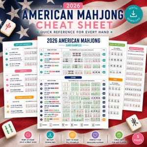 May include: A 2026 American Mahjong cheat sheet digital download featuring multiple pages of hand patterns, tile examples, and point values. The document includes sections for like numbers, quints, consecutive runs, and 2468 hands with clear text.