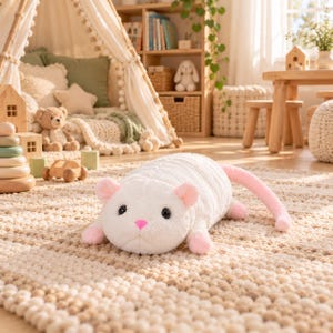 May include: A plush white rat toy with a soft, textured fabric body, small pink ears, a bright pink nose, and black button eyes. The stuffed animal has a long, smooth pink tail and is positioned on a textured, light-colored rug.
