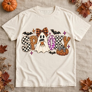 Preppy Spooky Ghost PNG, Retro Halloween Patchwork Design, Leopard Print Ghost, Vintage Fall Sublimation