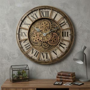 Könnte beinhalten: Eine große runde Wanduhr mit einem bronzefarbenen Rahmen und einem cremefarbenen Zifferblatt mit schwarzen römischen Ziffern. In der Mitte der Uhr befindet sich ein freiliegendes mechanisches Zahnradgetriebe in Gold- und Bronzetönen mit zwei Zeigern.