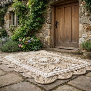 Puede incluir: Una alfombra rectangular de ganchillo en tonos beige y crema que presenta un intrincado patrón texturizado inspirado en un mandala en el centro, rodeado por un borde geométrico y acabado con un borde festoneado de hilo grueso trenzado.