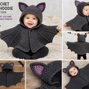 May include: A dark grey crochet bat hoodie poncho featuring a hood with pointed ears, purple inner ear detailing, and wing-shaped sleeves. The garment includes a single front button closure. Text on the image reads: CROCHET BAT HOODIE PATTERN.