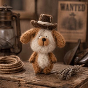 Puede incluir: Una figura de perro de lana fieltrada en tonos marrón y crema, que lleva un pequeño sombrero de vaquero marrón con una banda blanca. El perro tiene una nariz negra, ojos pequeños y orejas caídas, de pie con aspecto peludo.