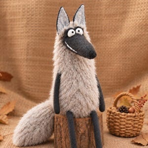 May include: A plush wolf toy with beige fur, a dark gray snout, and large white eyes. The wolf is sitting on a cylindrical wooden stump. Beside the stump is a small woven wicker basket containing a pinecone and a small brown nut.