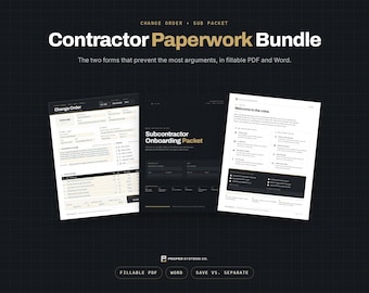 Contractor Paperwork Bundle, Change Order Form and Subcontractor Onboarding Packet, PDF and Word