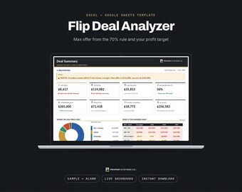 Flip Deal Analyzer Spreadsheet, Max Offer, 70% Rule, Hard Money Costs, Excel and Google Sheets