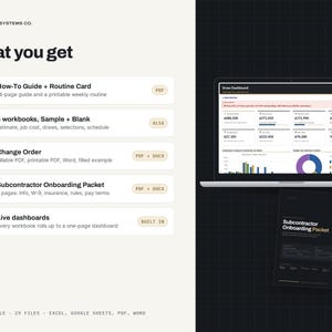 Pode incluir: Um pacote de produtos digitais da Proper Systems Co. intitulado What you get, incluindo um guia de 14 p&aacute;ginas, 5 pastas de trabalho, formul&aacute;rios de altera&ccedil;&atilde;o, um pacote de integra&ccedil;&atilde;o de subcontratados e pain&eacute;is.