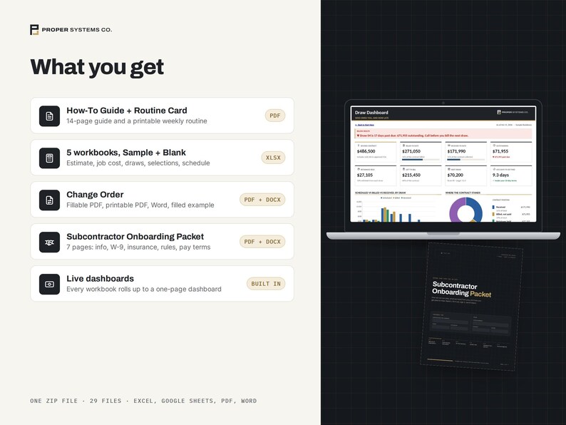 Pode incluir: Um pacote de produtos digitais da Proper Systems Co. intitulado What you get, incluindo um guia de 14 p&aacute;ginas, 5 pastas de trabalho, formul&aacute;rios de altera&ccedil;&atilde;o, um pacote de integra&ccedil;&atilde;o de subcontratados e pain&eacute;is.