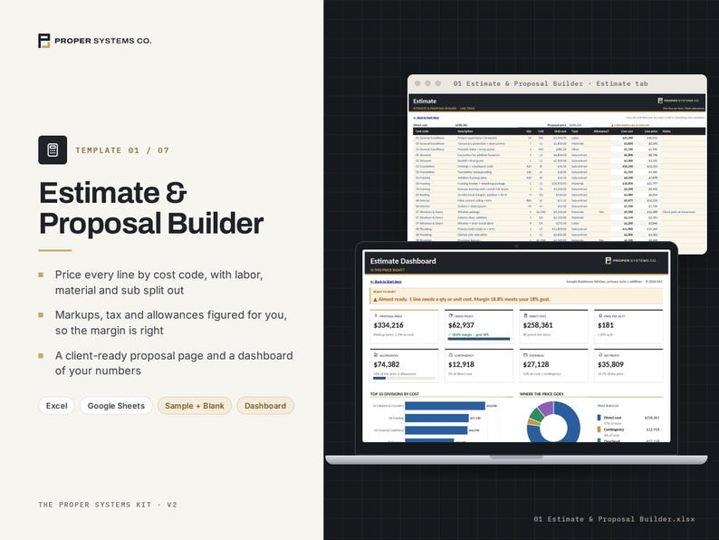 Pode incluir: Um modelo digital intitulado Estimate & Proposal Builder da Proper Systems Co. O layout exibe uma interface de planilha para c&oacute;digos de custo, m&atilde;o de obra e materiais, ao lado de um painel com m&eacute;tricas financeiras, gr&aacute;ficos de barras e pizza.