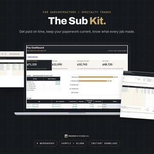 May include: A digital product titled The Sub Kit for subcontractors and specialty trades, featuring a laptop displaying a Pay Dashboard with financial data, an invoice window, and a document, all set against a dark grid background with text.