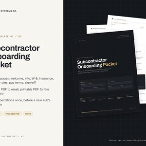 Pode incluir: Um conjunto de documentos Subcontractor Onboarding Packet com uma capa preta, texto branco e um padr&atilde;o de grade. O pacote inclui sete p&aacute;ginas cobrindo boas-vindas, informa&ccedil;&otilde;es, W-9, seguro, regras de trabalho e assinaturas.