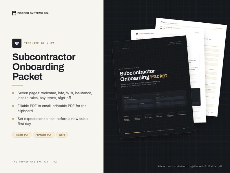 Pode incluir: Um conjunto de documentos Subcontractor Onboarding Packet com uma capa preta, texto branco e um padr&atilde;o de grade. O pacote inclui sete p&aacute;ginas cobrindo boas-vindas, informa&ccedil;&otilde;es, W-9, seguro, regras de trabalho e assinaturas.