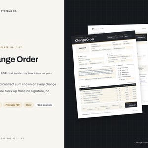 Pode incluir: Um modelo digital de ordem de altera&ccedil;&atilde;o Change Order em formato PDF preench&iacute;vel com se&ccedil;&otilde;es para detalhes do projeto, descri&ccedil;&otilde;es de altera&ccedil;&otilde;es e tabelas de custos detalhadas. Inclui um bloco de assinatura e campos de c&aacute;lculo.