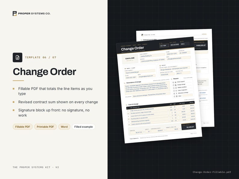 Pode incluir: Um modelo digital de ordem de altera&ccedil;&atilde;o Change Order em formato PDF preench&iacute;vel com se&ccedil;&otilde;es para detalhes do projeto, descri&ccedil;&otilde;es de altera&ccedil;&otilde;es e tabelas de custos detalhadas. Inclui um bloco de assinatura e campos de c&aacute;lculo.