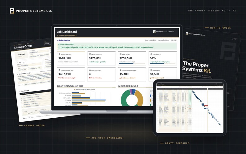 Pode incluir: Um kit de gest&atilde;o de projetos digital com um port&aacute;til exibindo um painel financeiro, um tablet com um gr&aacute;fico de Gantt, um documento de ordem de altera&ccedil;&atilde;o e um guia, todos com o log&oacute;tipo da Proper Systems Co. em destaque.