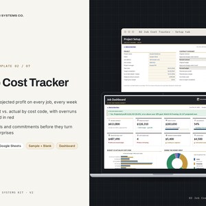 Pode incluir: Um modelo digital de rastreador de custos de trabalho para Excel e Google Sheets da Proper Systems Co. A interface exibe uma guia de configura&ccedil;&atilde;o de projeto e um painel com m&eacute;tricas financeiras e gr&aacute;ficos de visualiza&ccedil;&atilde;o de dados.