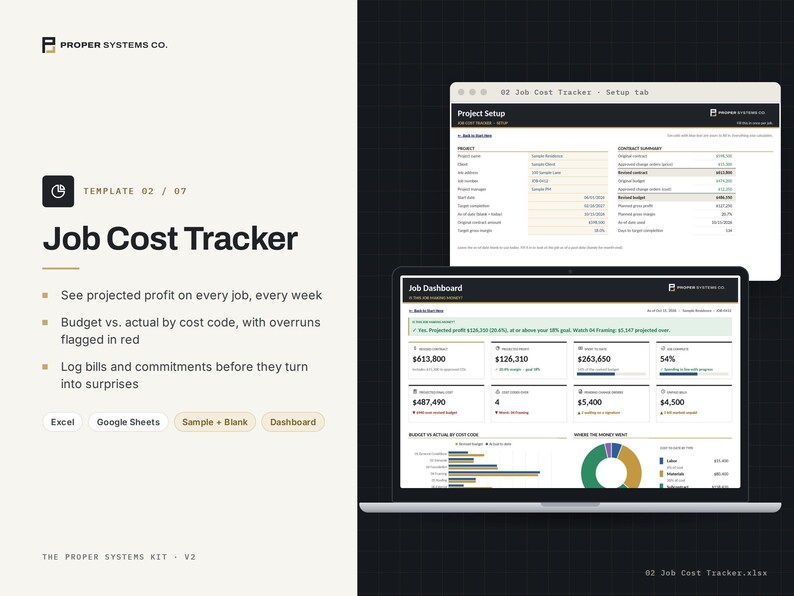 Pode incluir: Um modelo digital de rastreador de custos de trabalho para Excel e Google Sheets da Proper Systems Co. A interface exibe uma guia de configura&ccedil;&atilde;o de projeto e um painel com m&eacute;tricas financeiras e gr&aacute;ficos de visualiza&ccedil;&atilde;o de dados.
