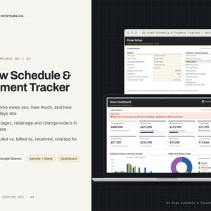Pode incluir: Um modelo digital de cronograma de saques e rastreador de pagamentos da Proper Systems Co. com um painel que exibe gr&aacute;ficos financeiros, dados de faturamento de projetos e o status de pagamentos, etapas do projeto e saldos.