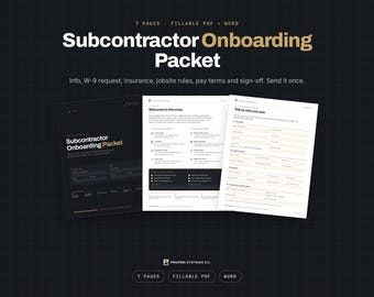 Subcontractor Onboarding Packet, 7 Pages, Fillable PDF and Word, Contractor Forms