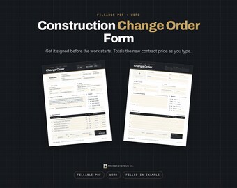 Construction Change Order Form, Fillable PDF and Word, Contractor Template