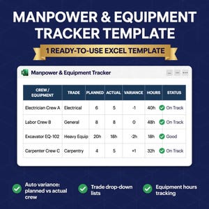 May include: A digital Manpower & Equipment Tracker template for Excel. The interface displays a table with columns for Crew/Equipment, Trade, Planned, Actual, Variance, Hours, and Status. It includes features like auto variance, trade drop-down lists, and equipment hours tracking.