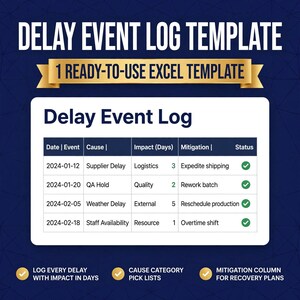 以下が含まれることがあります： Excel用の遅延イベントログテンプレート。ダークブルーの背景に白い表が表示されています。表には日付、イベント、原因、影響日数、緩和策、および緑色のチェックマークが付いたステータスの列が含まれています。