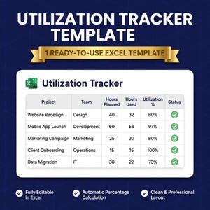 May include: A digital Utilization Tracker template for Excel featuring a table with columns for Project, Team, Hours Planned, Hours Used, Utilization %, and Status. The graphic includes the text Utilization Tracker Template and 1 Ready-to-Use Excel Template.