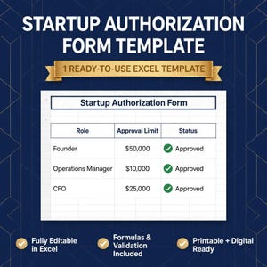 Puede incluir: Una plantilla digital de formulario de autorización de startup para Excel. El documento presenta una tabla con columnas para Rol, Límite de aprobación y Estado, enumerando roles con montos monetarios y marcas de verificación verdes.