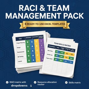 May include: A RACI and Team Management pack featuring 6 ready-to-use Excel templates. The image displays a RACI matrix with tasks and roles, and a Team Skills Matrix with member names and percentage-based skill levels in a grid format.