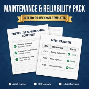 May include: Maintenance & Reliability Pack featuring 6 ready-to-use Excel templates. Includes a Preventive Maintenance Schedule with checkmarks and an MTBF Tracker table listing items like Bearing Replacement, Motor Alignment, and Sensor Calibration.