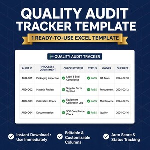 May include: A Quality Audit Tracker template for Excel featuring a table with columns for Audit ID, Process, Checklist Item, Status, Owner, and Due Date. The table displays four rows of data with green checkmarks and the word PASS.