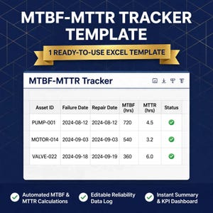 May include: An MTBF-MTTR Tracker template for Excel featuring a data table with columns for Asset ID, Failure Date, Repair Date, MTBF in hours, MTTR in hours, and Status. The interface includes automated calculations and a dashboard.