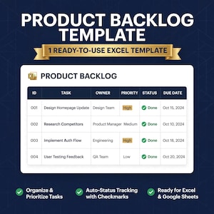 May include: A digital product backlog template featuring a table with columns for ID, task, owner, priority, status, and due date. The text reads Product Backlog Template, 1 Ready-to-Use Excel Template, and includes features like organize tasks and auto-status tracking.