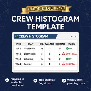 May include: A digital Excel template titled Crew Histogram Template featuring a table with columns for Week, Craft, Required, Available, Shortfall, and Status. The table displays data for carpenters, electricians, laborers, and painters with green checkmarks for OK status and red warning icons for shortfall status.
