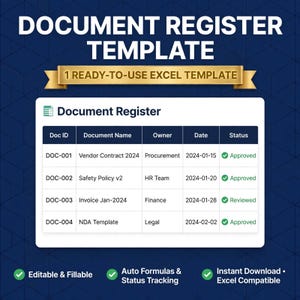 May include: A digital document register template for Excel featuring a table with columns for Doc ID, Document Name, Owner, Date, and Status. The header reads DOCUMENT REGISTER TEMPLATE and 1 READY-TO-USE EXCEL TEMPLATE. Includes status tracking features.