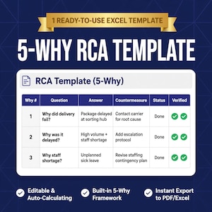 May include: A digital 5-Why RCA template for Excel featuring a table with columns for Why #, Question, Answer, Countermeasure, Status, and Verified. The table includes three rows of example data regarding delivery delays and staff shortages.