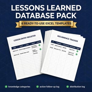 Può includere: Pacchetto database Lessons Learned con 6 modelli Excel pronti all'uso. Due fogli bianchi mostrano tabelle intitolate Lesson Entry Register e Recurrence Tracker con voci di dati e segni di spunta verdi su uno sfondo blu scuro.