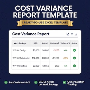 Può includere: Un modello di report sulla varianza dei costi con una tabella digitale che include colonne per Work Package, BAC, Actual, Variance $, Variance % e Status. La tabella mostra i dati per WP-101 Design, WP-102 Fabrication e WP-103 Testing con valori.
