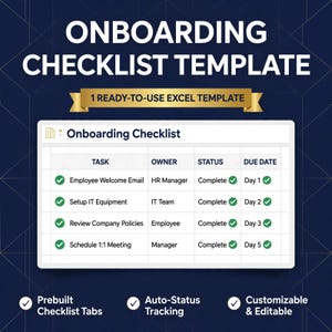 May include: An onboarding checklist template featuring a dark blue background with white text. The central table displays columns for task, owner, status, and due date, with green checkmarks indicating completion for all listed items.