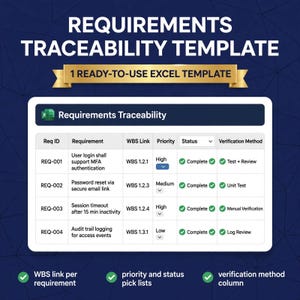 May include: A Requirements Traceability template for Excel featuring a table with columns for Req ID, Requirement, WBS Link, Priority, Status, and Verification Method. The table displays four rows of data with green checkmarks and dropdown menus.