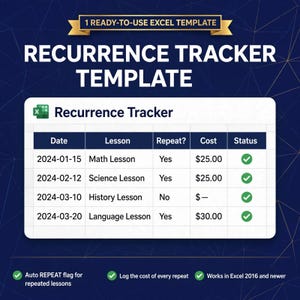 May include: A digital Recurrence Tracker Excel template featuring a table with columns for Date, Lesson, Repeat, Cost, and Status. The table lists entries for math, science, history, and language lessons with checkmarks indicating status.